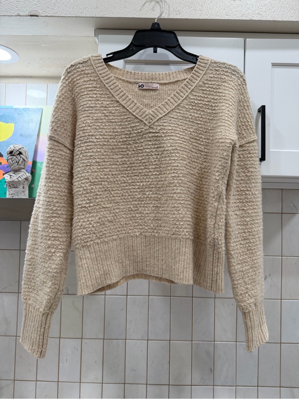 SO Beige/Cream Textured V-Neck Sweater